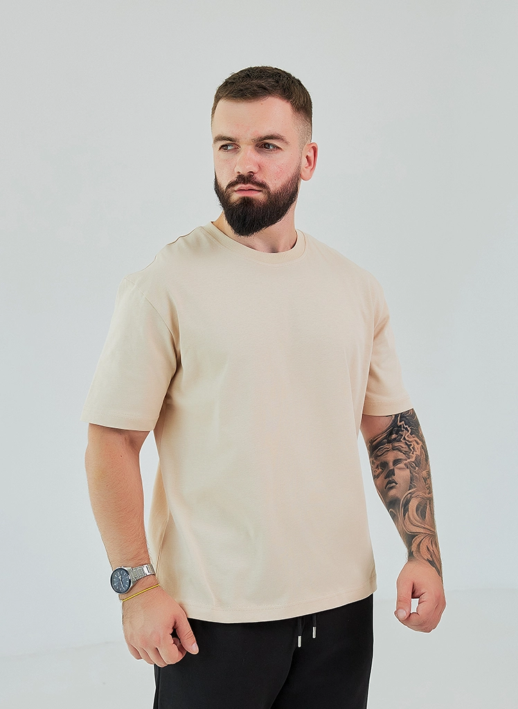 Koszulka t-shirt męska oversize Dias FB054 bawełniana piaskowy