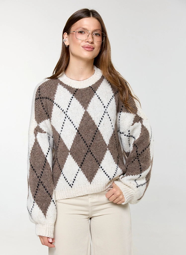 Sweter w romby Dias 31892 włoski czekoladowy